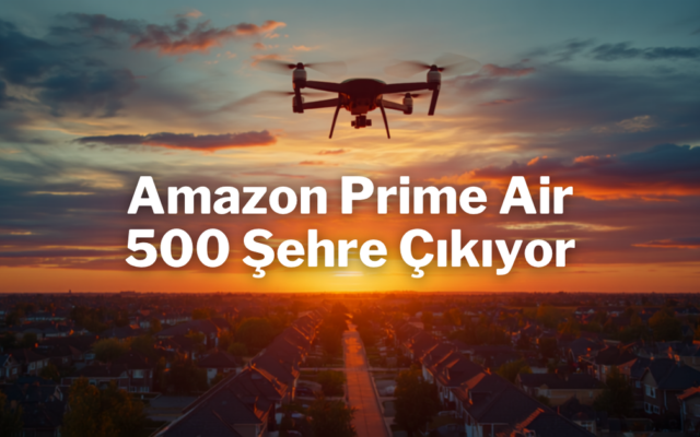 Amazon Prime Air dron teslimatı yapan bir Amazon dronu gün batımında